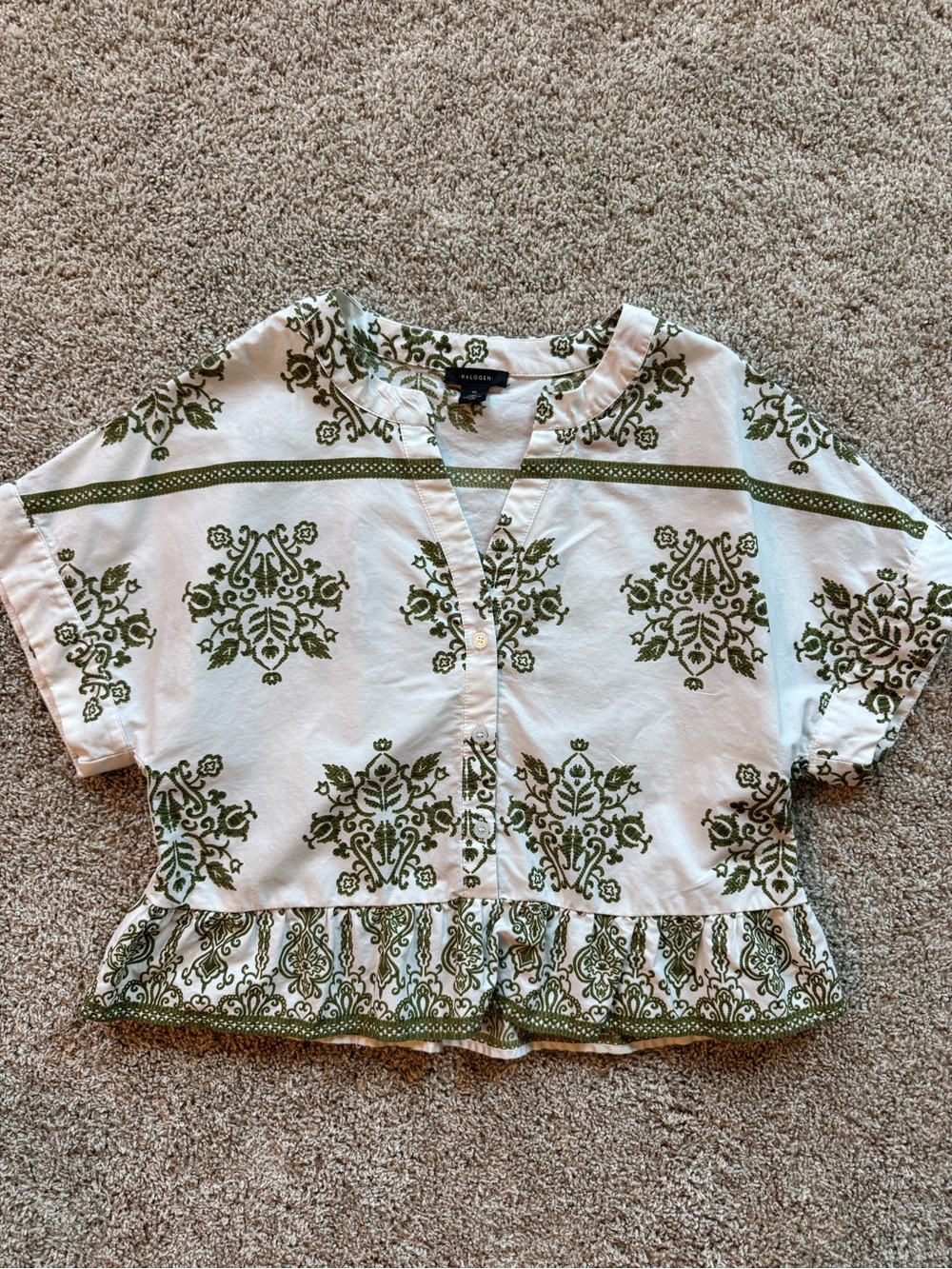Halogen Women’s Embroidered Blouse Medium Ivory Olive Print Button Peplum Top - Picture 2 of 9